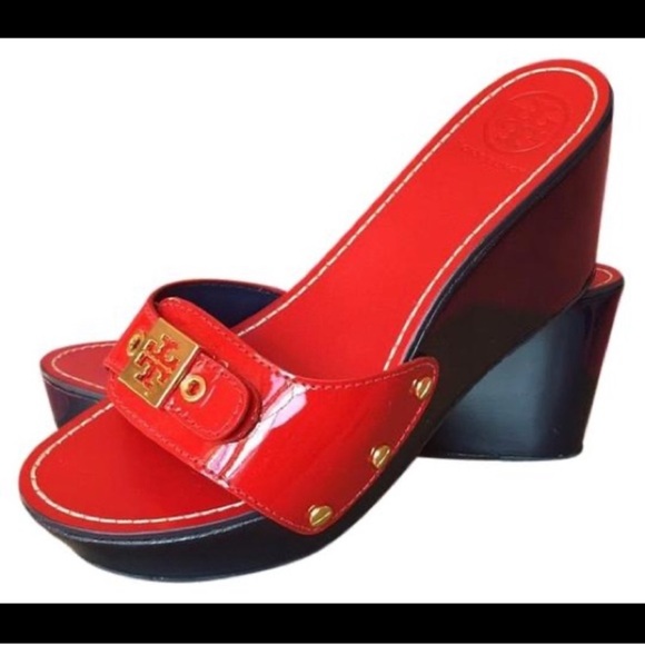 Red Patent Calf Tory Burch wedges New in Box 9.5 Rare - Picture 2 of 10